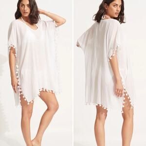 SEAFOLLY Amnesia Kaftan - White - One size cotton gauze with tassels coverup